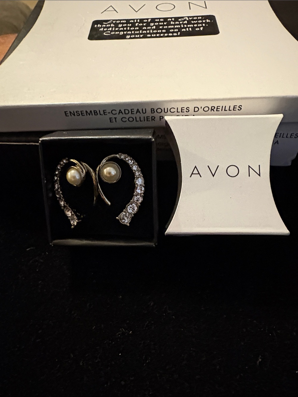 AVON Gold-Tone Pearl & Crystal Curved Earrings